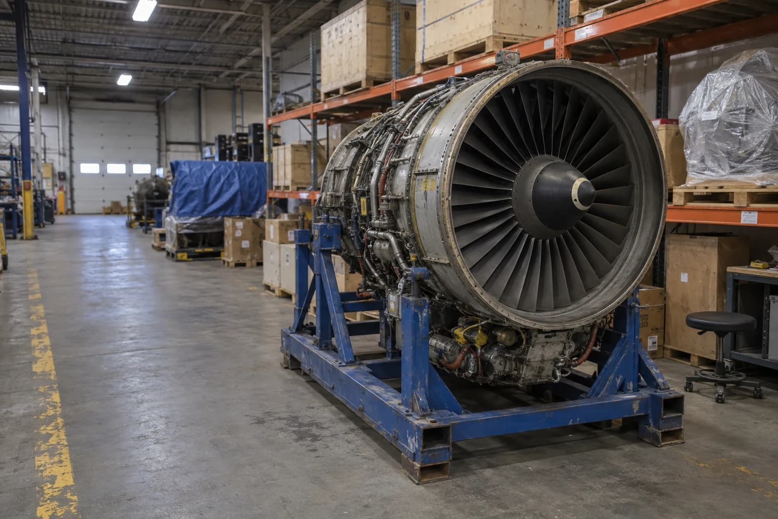Illustrative aircraft engine in a working parts warehouse